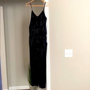 Black sequin spaghetti strap pant romper